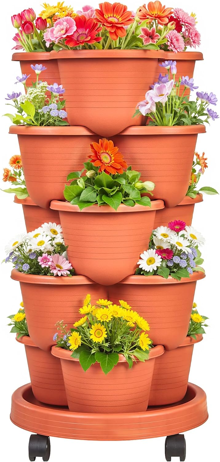 VECELO 5 Tier Vertical Garden Planter, Self Watering Stackable Planters with Wheels for