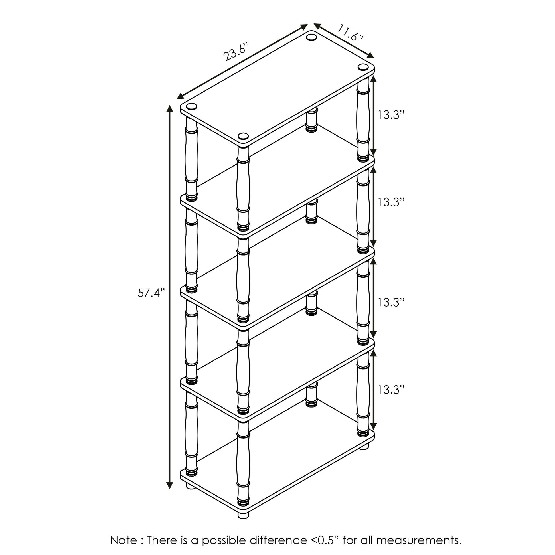 Furinno TURN-S-TUBE Storage Shelves, 5-Tier Book Shelf, Corner Shelf, Toolless Open Shelves
