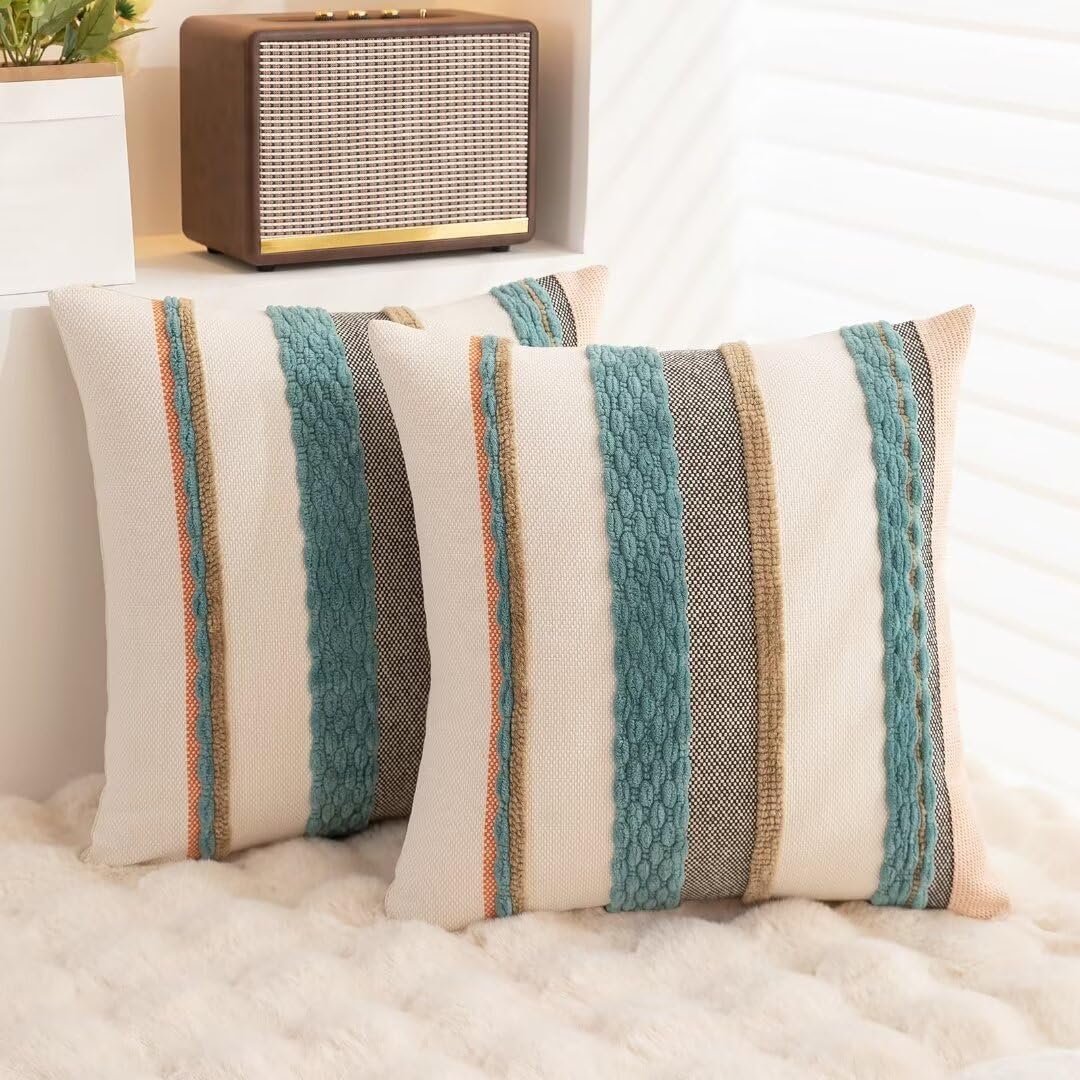 Boho Throw Pillow Covers 18x18 Set of 2 Farmhouse Decorative Cushion Case Striped Square Pillows