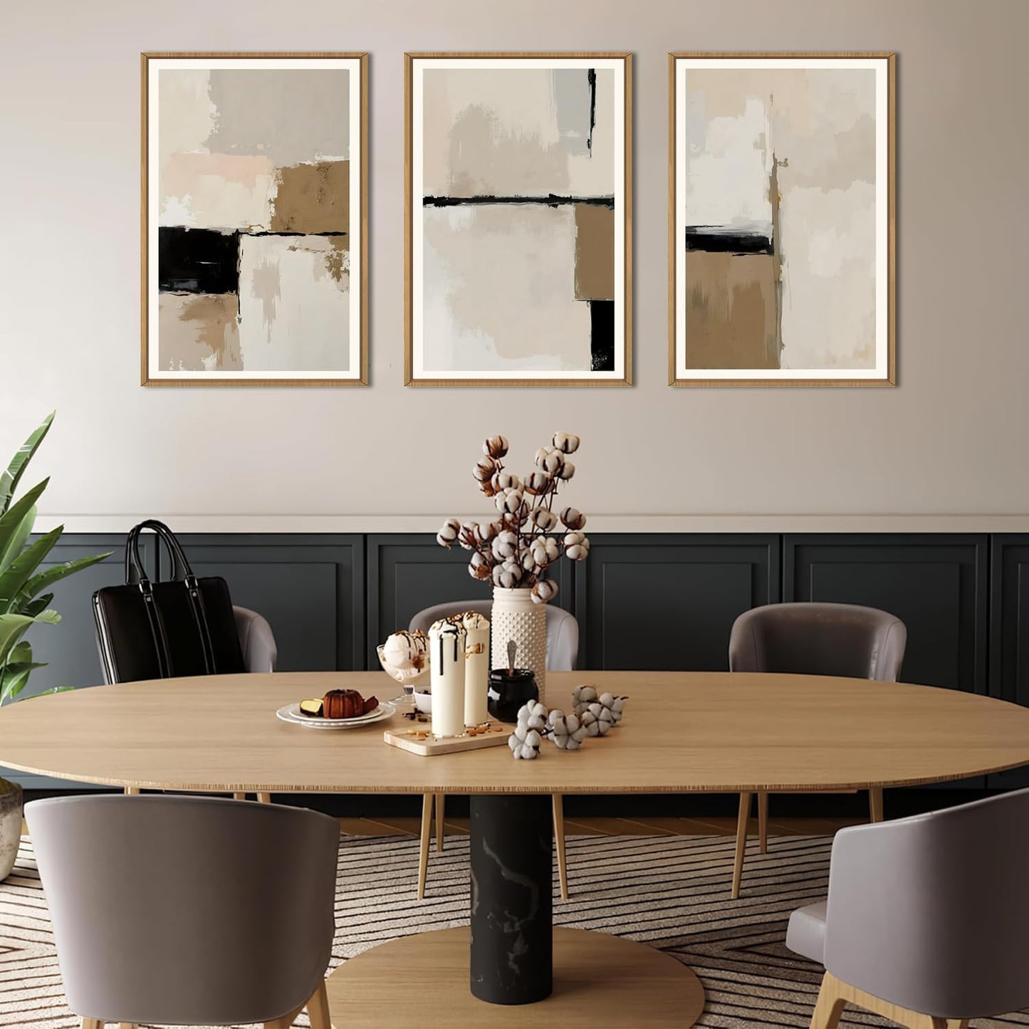 HPINUB Large Modern Abstract Framed Canvas Wall Art Set,Geometric Line Black White and Beige