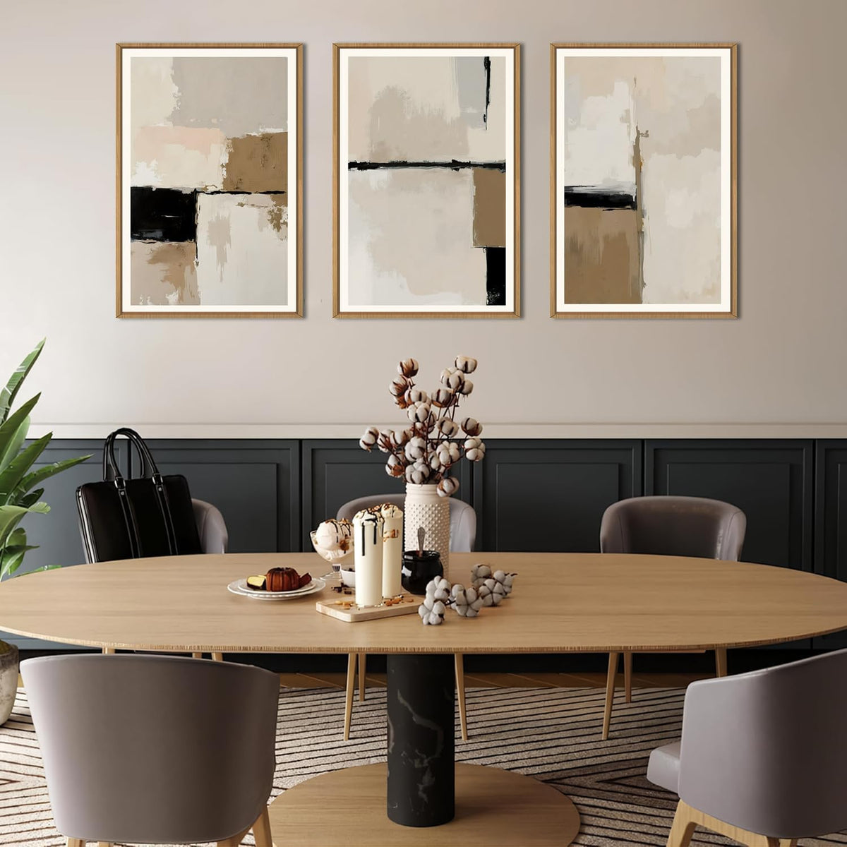 HPINUB Large Modern Abstract Framed Canvas Wall Art Set,Geometric Line Black White and Beige
