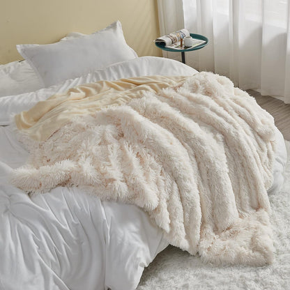 GONAAP Fuzzy Faux Fur Throw Blanket Ivory Super Soft Cozy Plush Fuzzy Shaggy Blanket for Couch Sofa