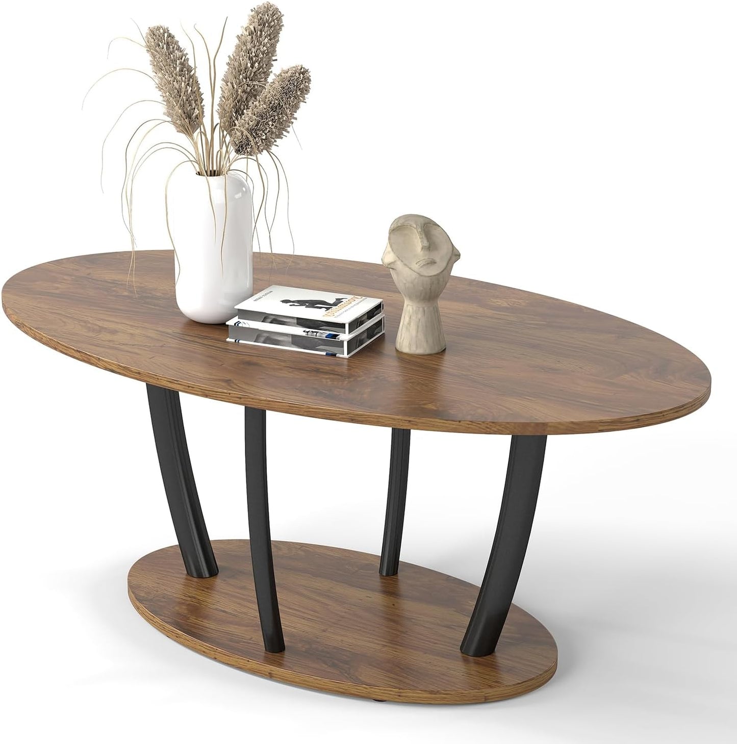 Manora Small Oval Coffee Table with Storage, Farmhouse Industrial Center Table for Living Room