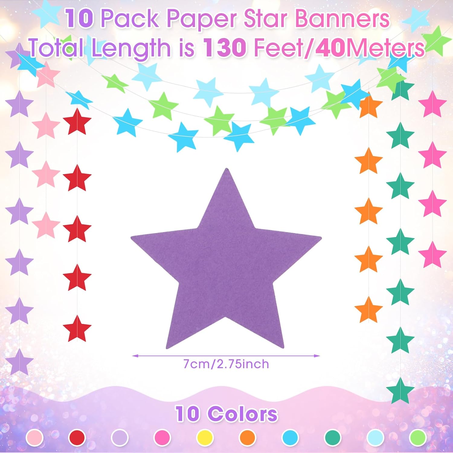 Patelai Glitter Star Garland Banner Decor 130 Feet Star Hanging Bunting Banner Twinkle Backdrop for