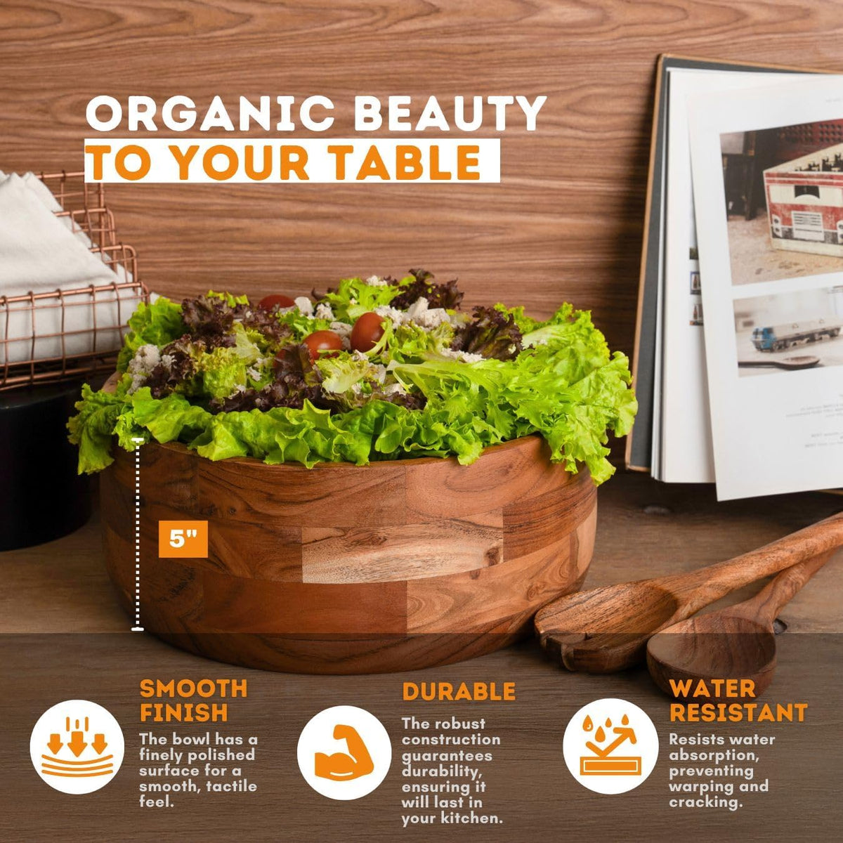 Luxe Designs 12" Wooden Salad Bowl Set with Serving Utensils Eco-Friendly, Multipurpose Mixing &