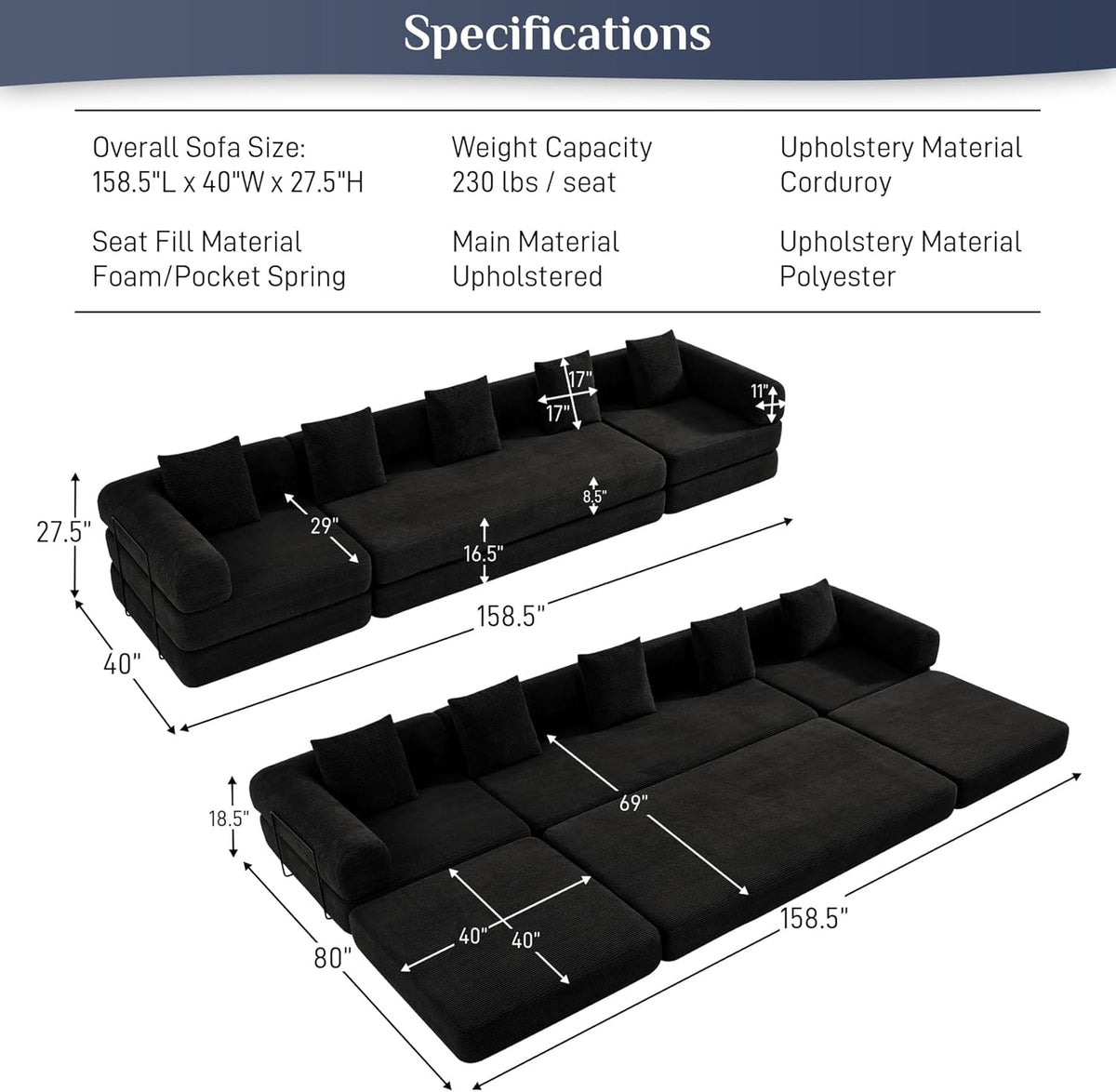 Modular Sectional Loveseat Sofa Cloud Boneless Couch, Modern Sleeper Sofa for Customizable Living