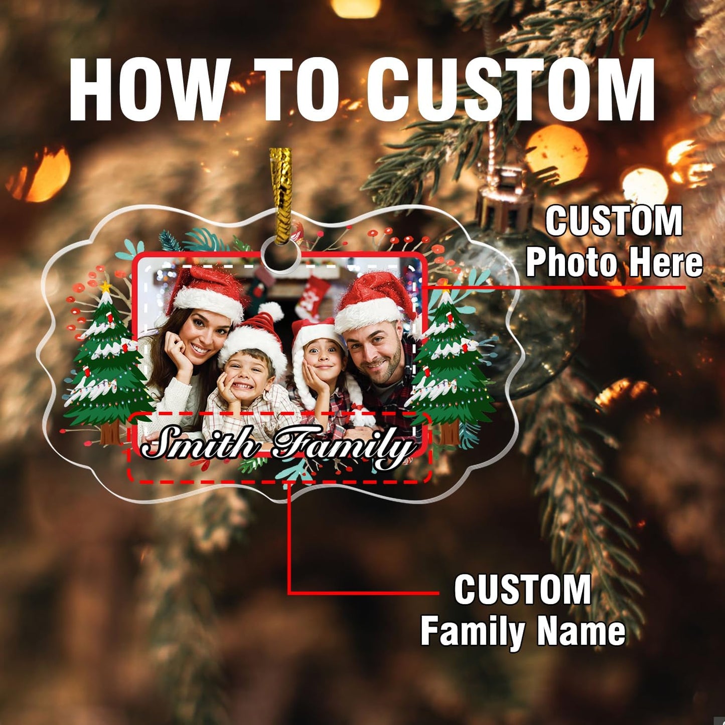 Personalized Crystal Photo Ornaments, Christmas Tree Hanging Decor, Custom Ornaments for Family
