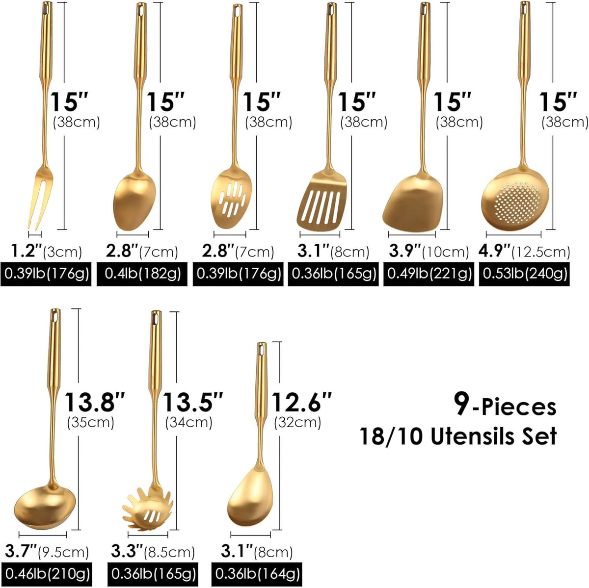 Gold Kitchen Utensils Set - 18/10 Stainless Steel Cooking Tools, 15" All Metal Serving Utensils