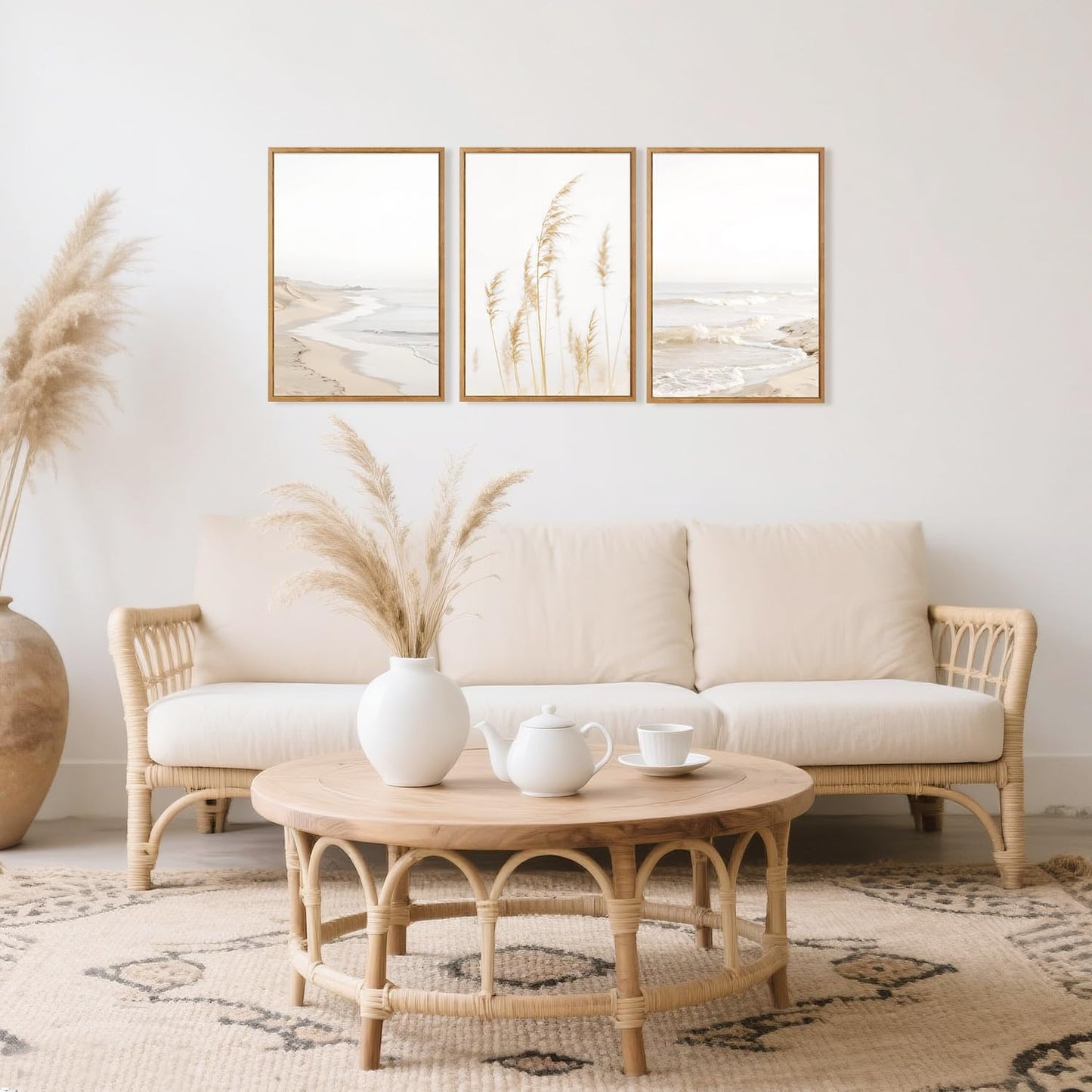 HPNIUB Modern Beach Artwork Seascape Wall Art, Seaside Framed Painting Reed Pathway Picture