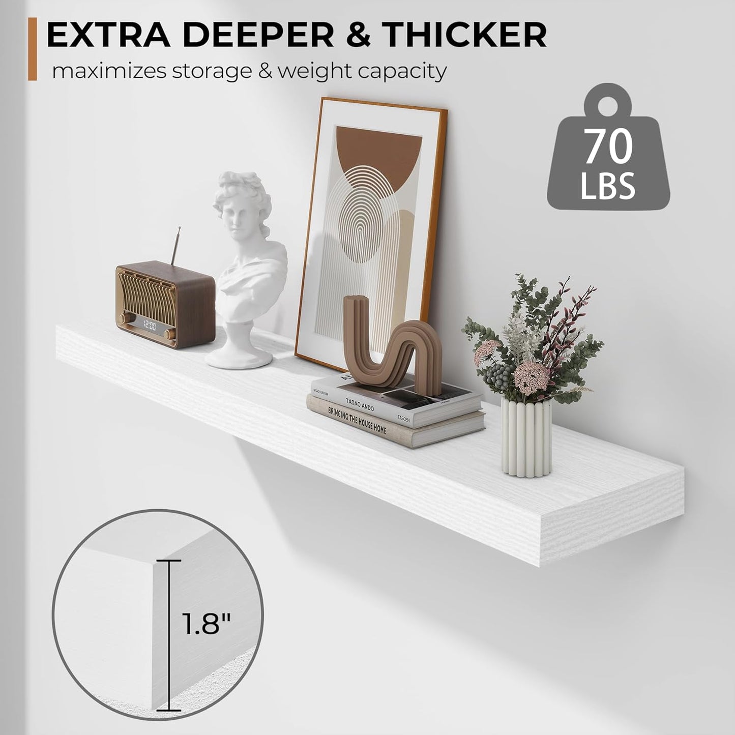 Fun Memories 36 Inch Floating Shelves - Deep Rustic White Wooden Wall Shelves - Extra Deeper &