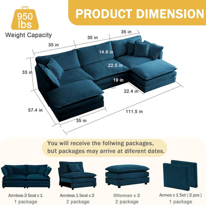 Sectional Sofa 3 Seater with Movable 2 Ottomans,Oversized Modular Couch Deep Seat (Blue, 111.5