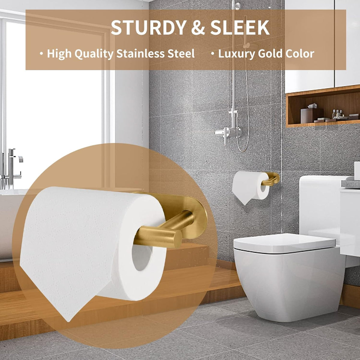 Toilet Paper Holder,Gold,Wall Mount, Upgraded Adhesive Toilet Roll Holder,no