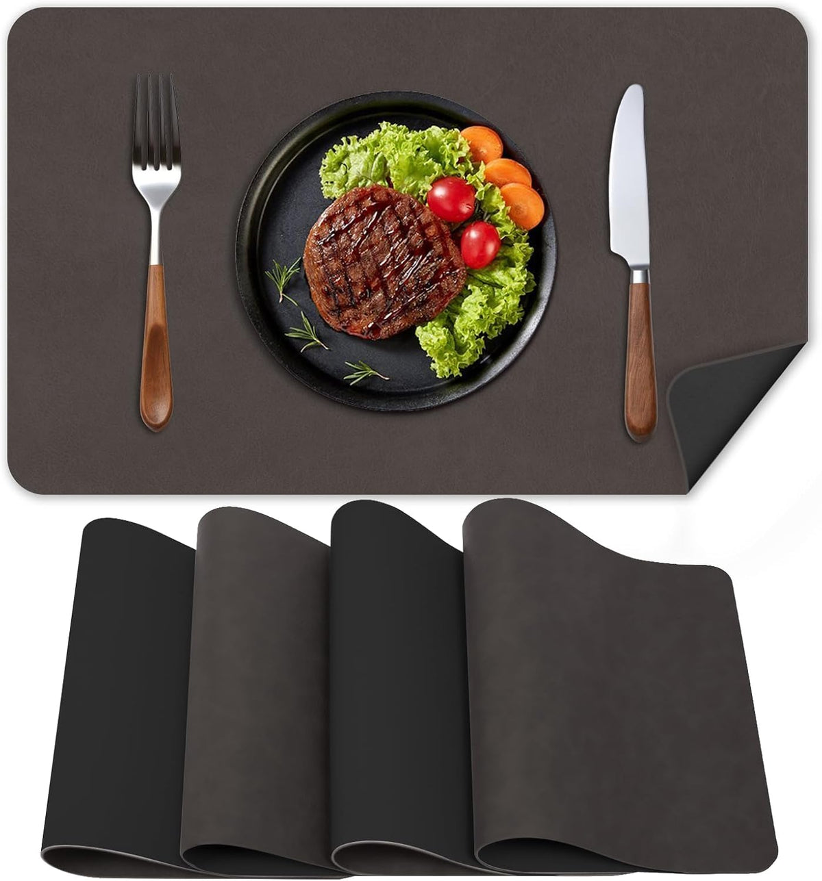 Faux Leather Placemats, Set of 4, 12''×17' Textures on Both Sides, Heat-Resistant, Waterproof and