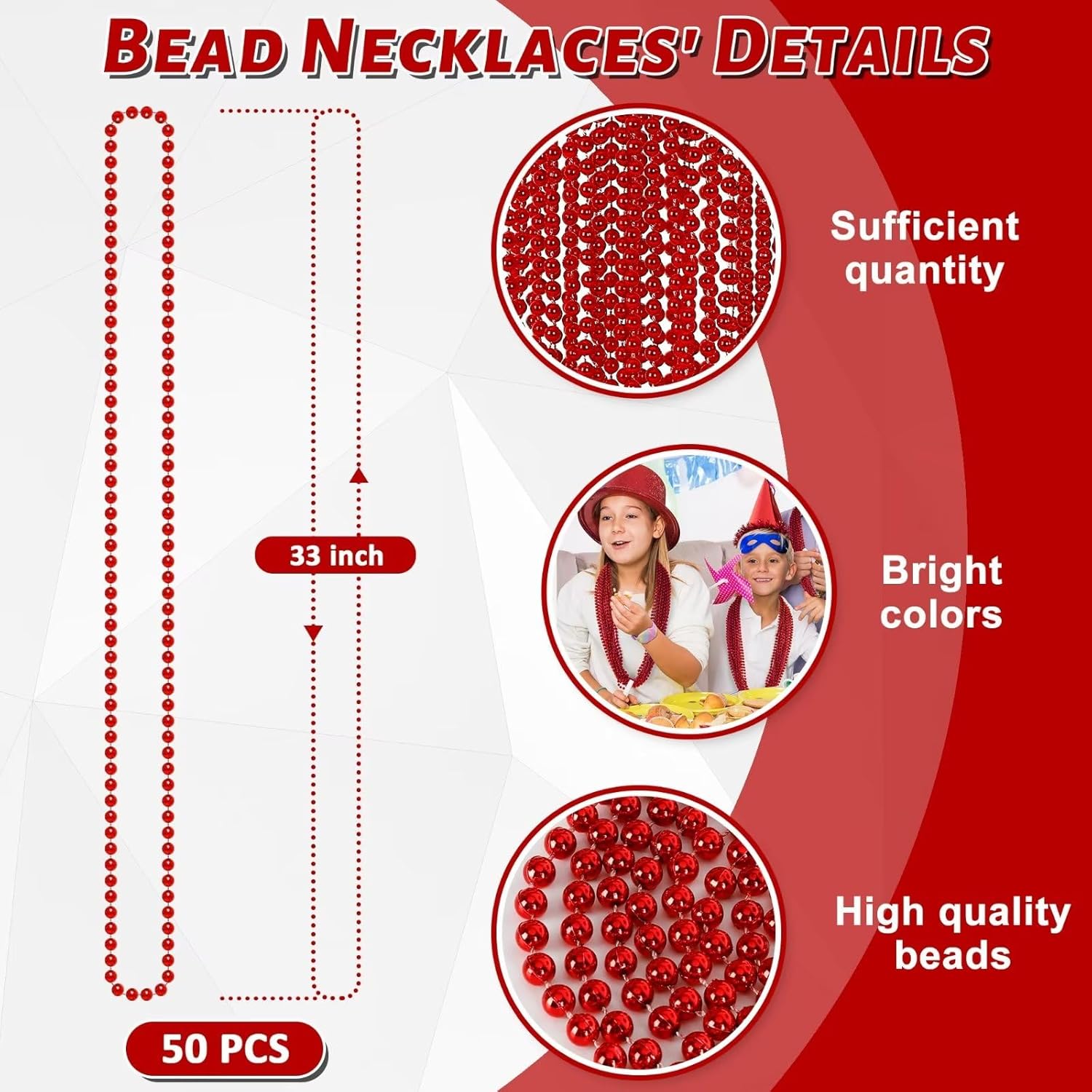50PCS Bead Necklace, Red Christmas Bead Stuff Party Favors, 33" Necklaces Festival Parade Throw
