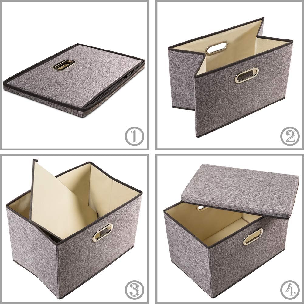 PRANDOM Large Collapsible Storage Containers with Lids [5-Pack] Linen Fabric Foldable Storage Bins