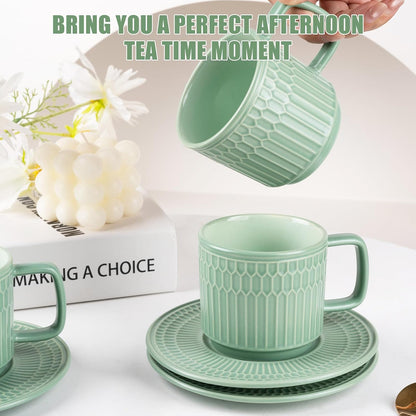 Large Cappuccino Cups with Saucers Set of 4, 8 Ounce Stackable Embossed Ceramic Coffee Mugs for