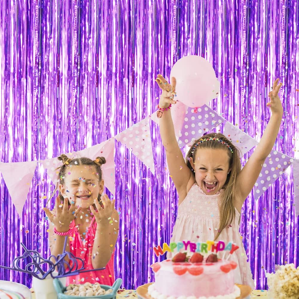 GOER 6.4 ft x 8.2 ft Metallic Tinsel Foil Fringe Curtains,Pack of 2 Party Streamer Backdrop for