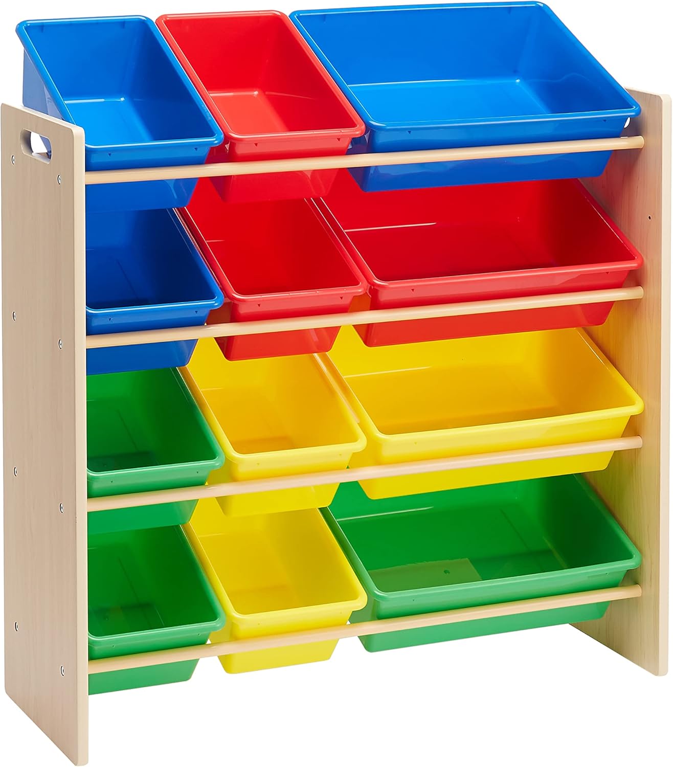 Amazon Basics Kids Toy Storage Organizer With 12 Plastic Bins, Natural Wood With Bright Bins, 10.9"