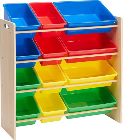 Amazon Basics Kids Toy Storage Organizer With 12 Plastic Bins, Natural Wood With Bright Bins, 10.9"