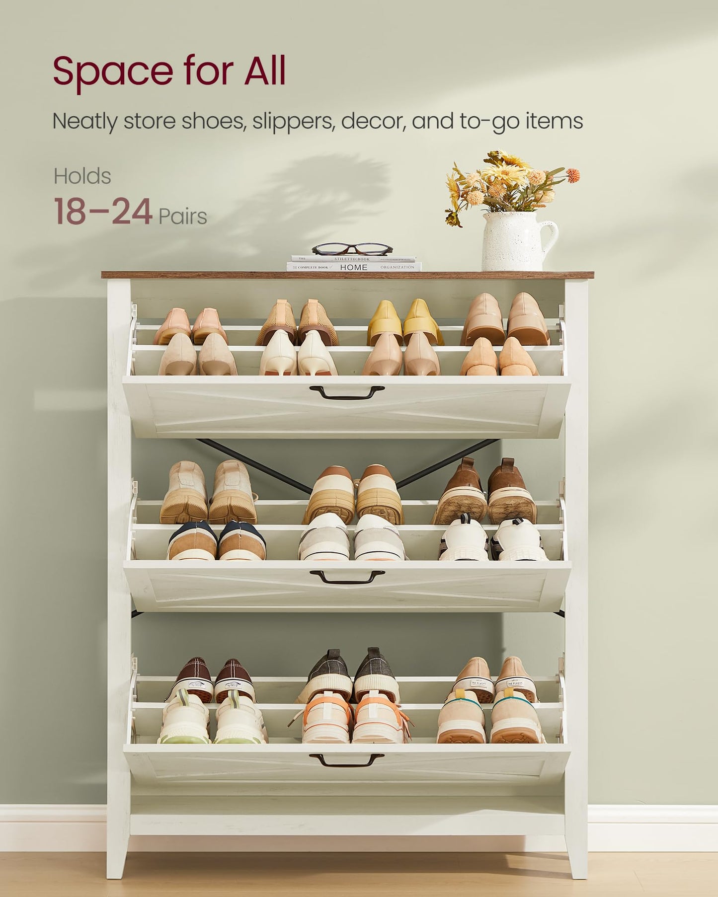VASAGLE Farmhouse Shoe Cabinet, Narrow Storage Organizer, 3 Flip Drawers