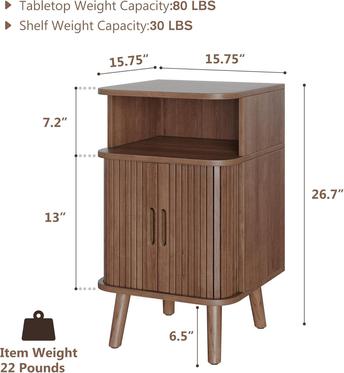 Alohappy Mid Century Modern End Table with Sliding Tambour Door, Fluted Wood Nightstand, Curved