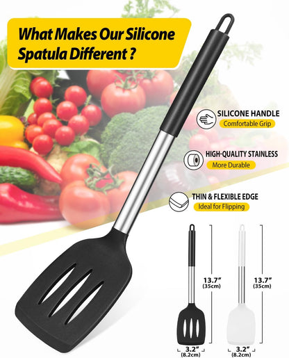 Pack of 2 Silicone Solid Turner, Non Stick Slotted Kitchen Spatulas, High Heat Resistant BPA Free