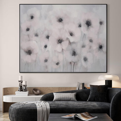 36"x46" Extra Large Framed Wall Art Soft White Poppies Watercolor Floral, Delicate Botanical for