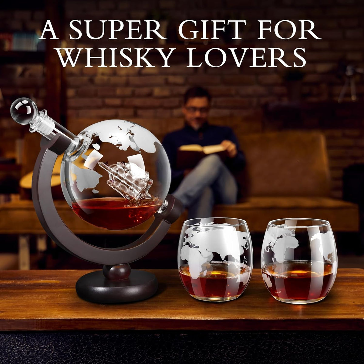 Whiskey Decanter Sets for Men, Whiskey Decanter Globe Set with 2 Etched Globe Whisky Glasses for