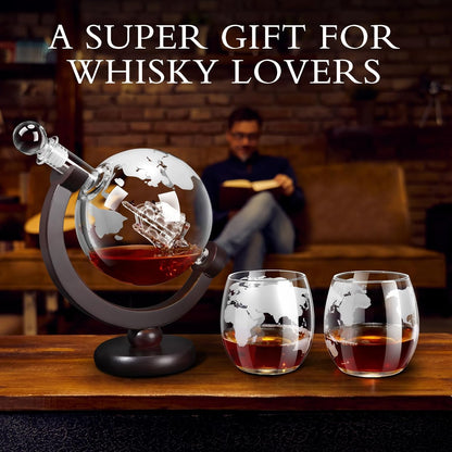 Whiskey Decanter Sets for Men, Whiskey Decanter Globe Set with 2 Etched Globe Whisky Glasses for
