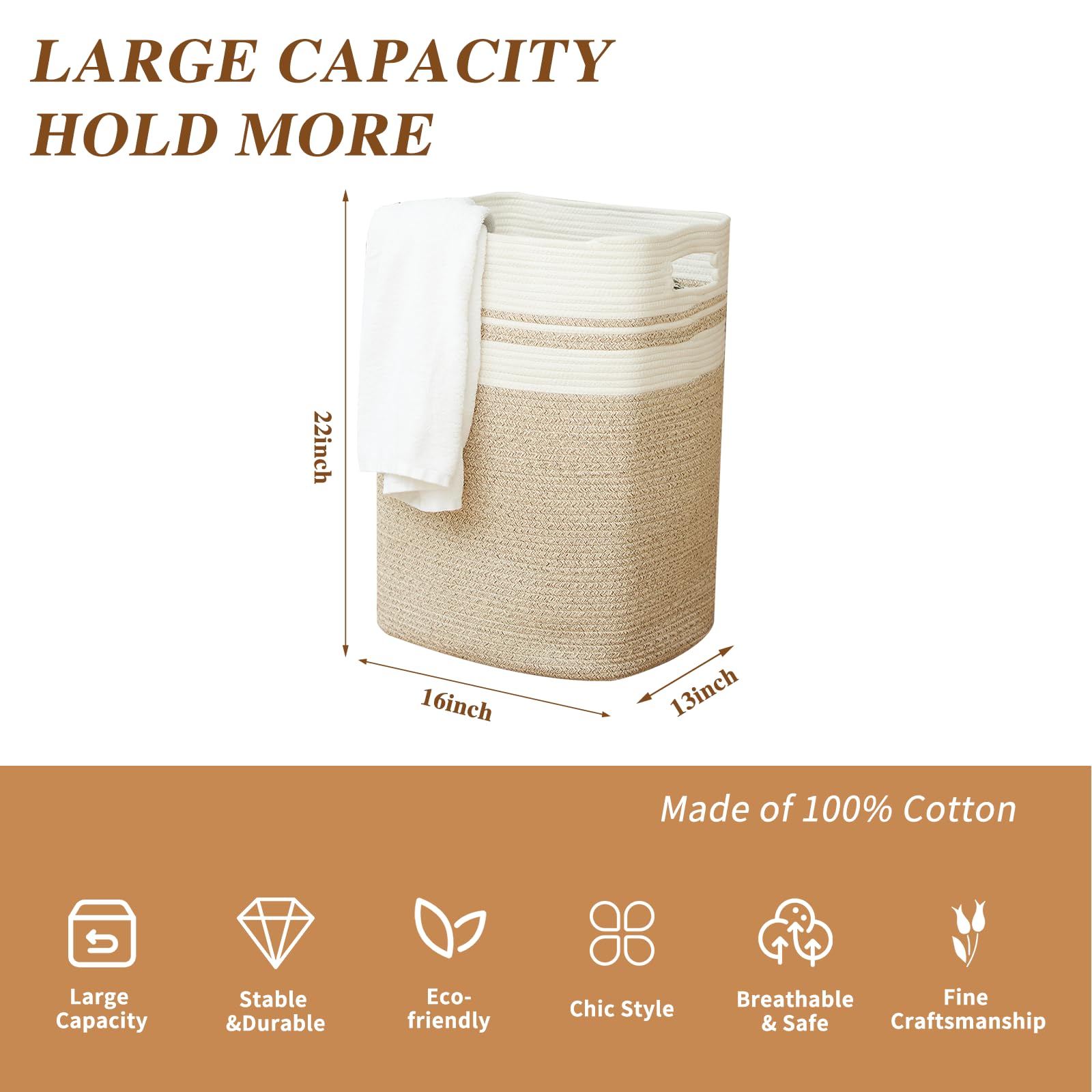 Casaphoria Laundry Hamper, Light Brown Cotton, 16x13x22in, Foldable, Square, Large, Box, 50L