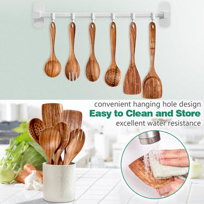 Wooden Spoons for Cooking 6 Piece - Natural Teak Wood Kitchen Utensils Set - Smooth Finish Soft