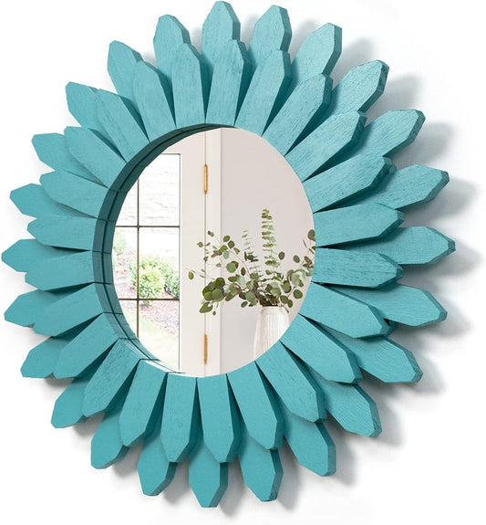 Honiway Beach Wall Decor Mirror 12 inch Wood Coastal Wall Decor Sunburst Boho Home Decor Room Decor
