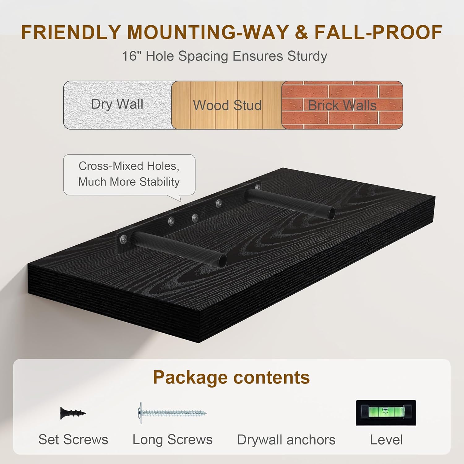 Fun Memories Rustic Black Floating Shelves 24 Inch Long, 8 Inch Deep Floating Shelf, 24 x 8 Wall