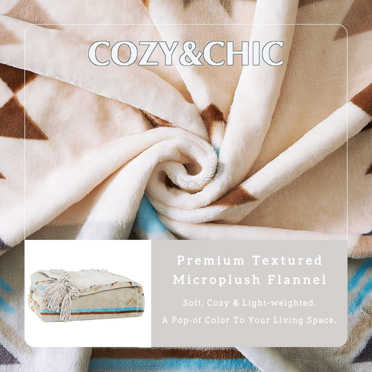 CASAAGUSTO Boho Throw Blanket - Green and Beige Decorative Blankets with Tassel, Printed Flannel