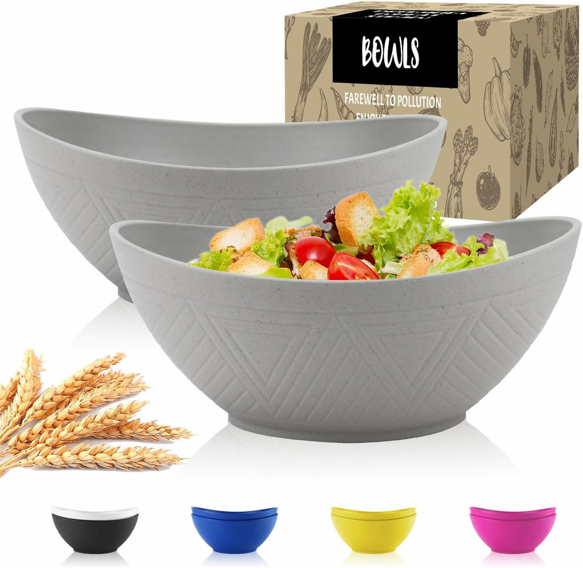 Wheat Straw Bowls Set,Unbreakable Large Salad Bowls Set of 2,Microwave and Dishwasher Safe Bowls