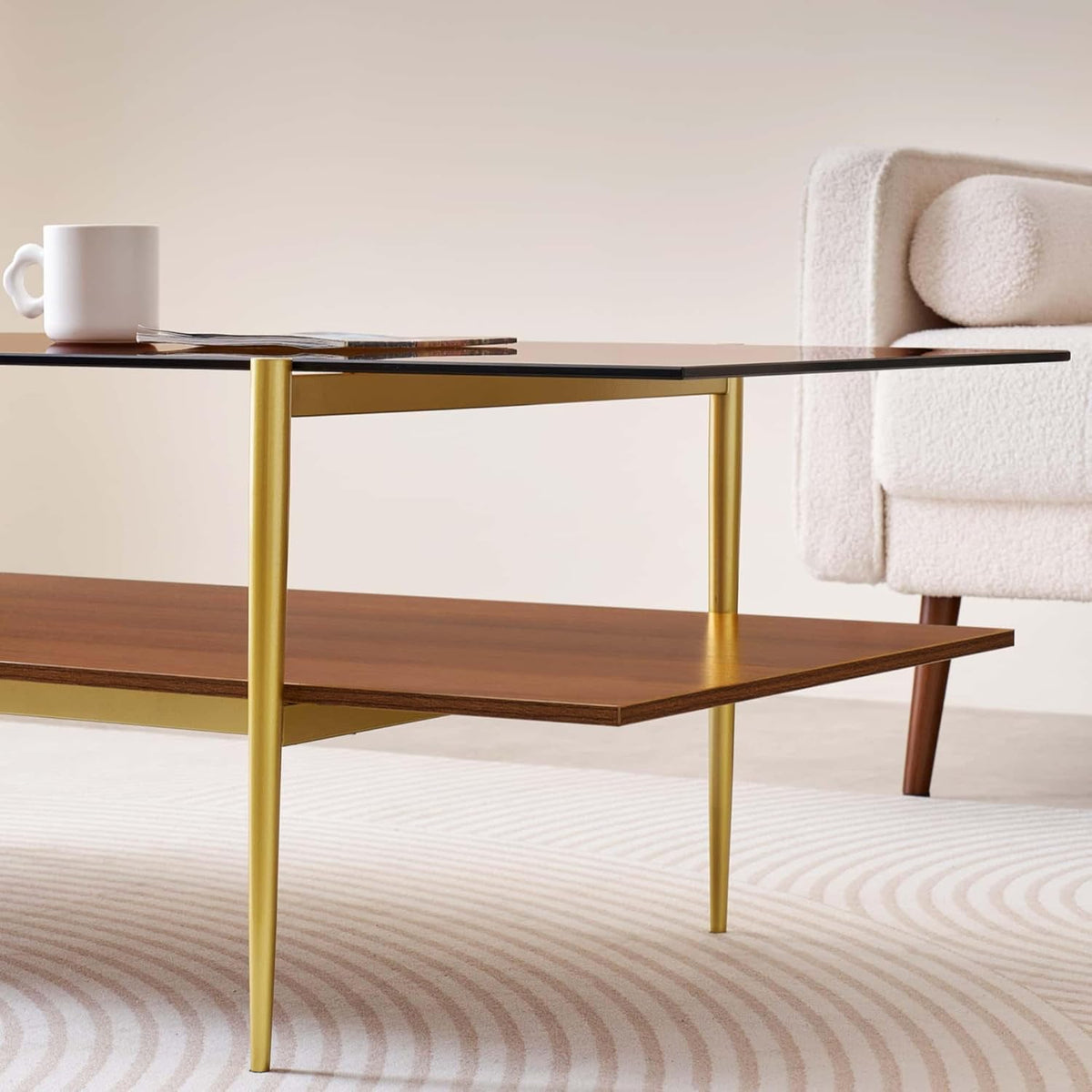 Extra Large Rectangle Glass Coffee Table, Mid-Century Modern Design for Living Room, L47 x W24 x
