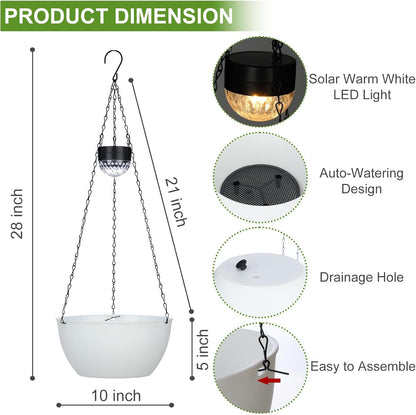 2 Packs Solar Hanging Basket Planters for Plants Outdoor, Self Watering White Flower Plants Pots