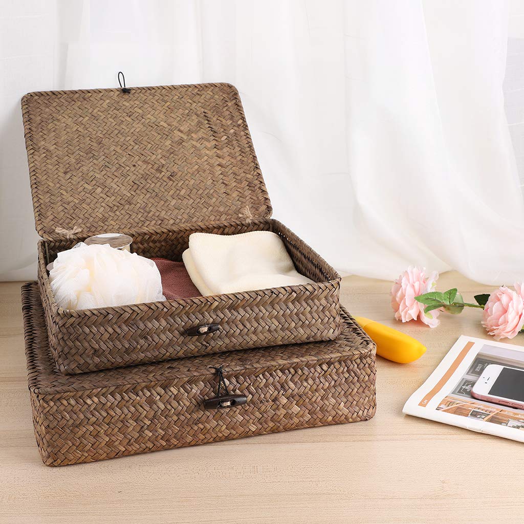 Hipiwe Set of 2 Flat Woven Wicker Storage Bins with Lid Seagrass Basket