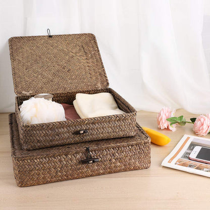 Hipiwe Set of 2 Flat Woven Wicker Storage Bins with Lid Seagrass Basket