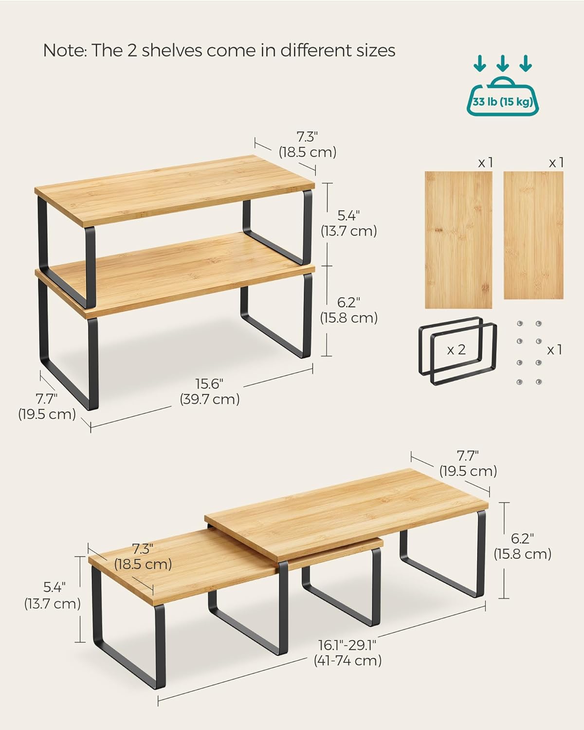 SONGMICS Cabinet Organizer Shelf, Set of 2 Kitchen Counter Shelves, Kitchen Storage, Spice Rack