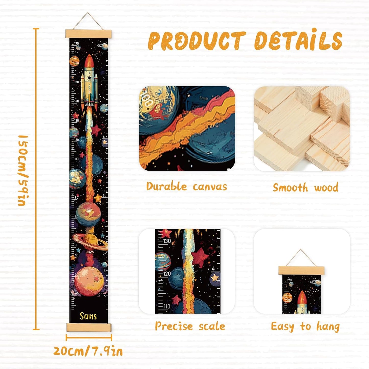 Personalized Name Growth Chart Wall Decor for Kids – Canvas Removable Height Chart Measuring Ruler