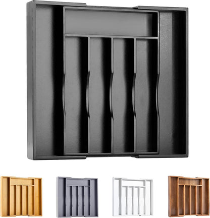 Bellsal Black Silverware Organizer Kitchen Drawer Organizer Expandable Bamboo Utensil Holder