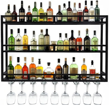 Modern Wine Rack Wall Mounted With Glass Holder,3-Tier Bar Liquor Shelf,Black,Metal Large Capacity