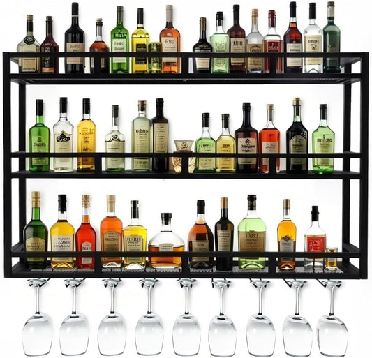 Modern Wine Rack Wall Mounted With Glass Holder,3-Tier Bar Liquor Shelf,Black,Metal Large Capacity