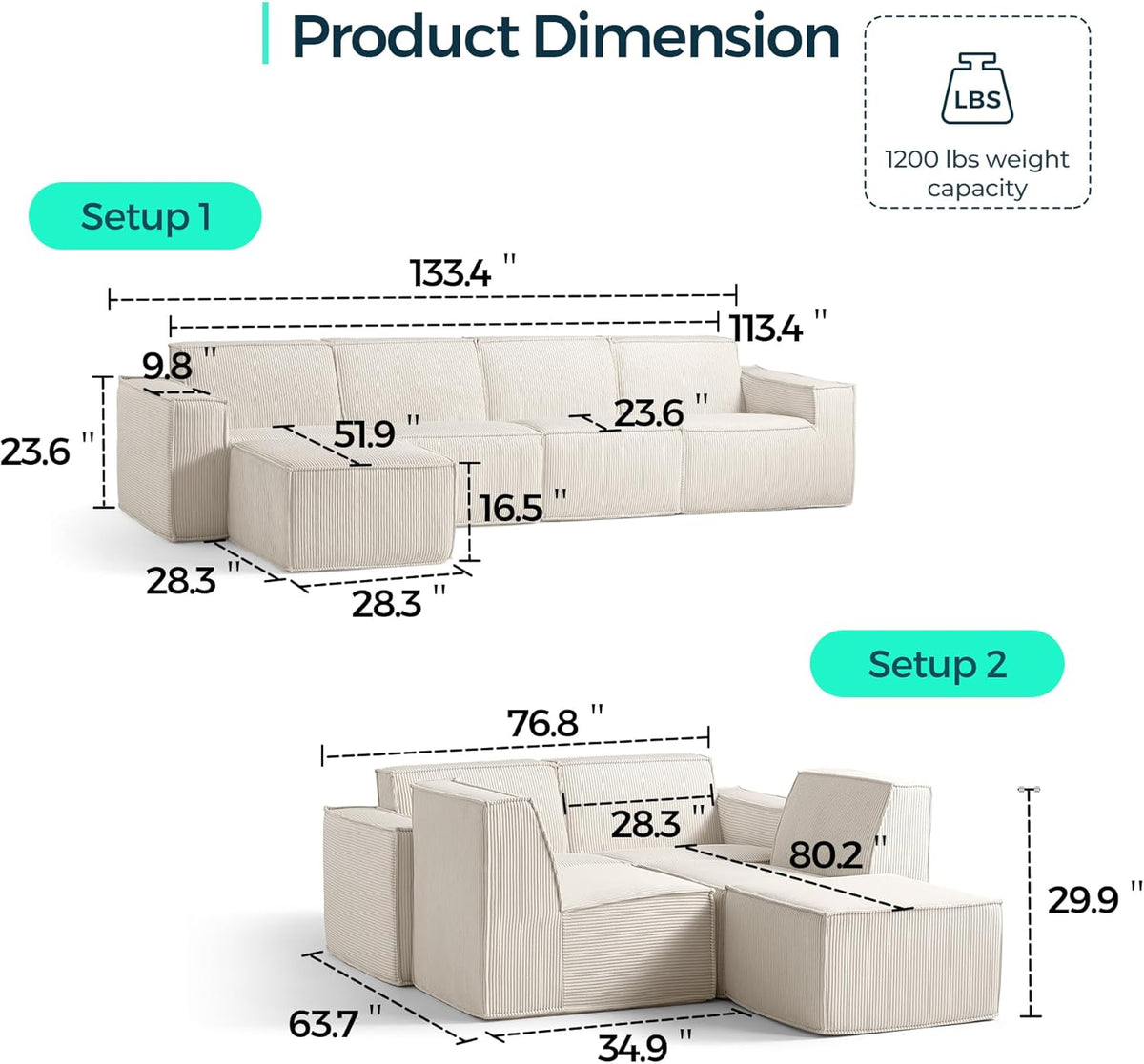 LINSY HOME Modular Sectional Sofa, 134" Boneless Couch L Shaped 4-Seat Sofa with Movable Ottoman