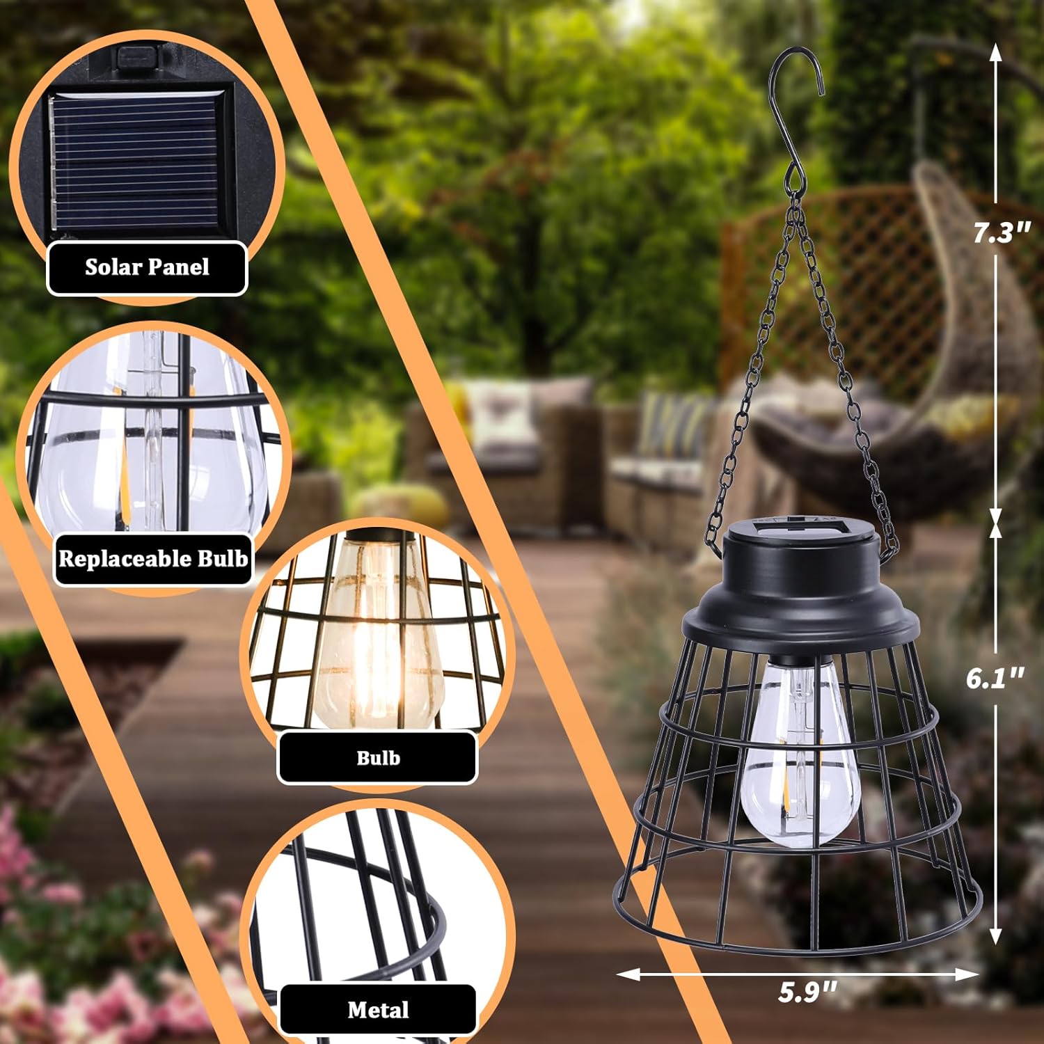 2 Pack Solar Lanterns Outdoor Waterproof , Metal Cage Design with Replaceable LED Bulb, Waterproof