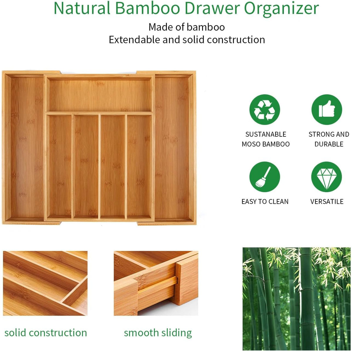 Utoplike Bamboo Cutlery Tray Silverware, Drawer Dividers for Kitchen Utensils, Flatware Tray Drawer
