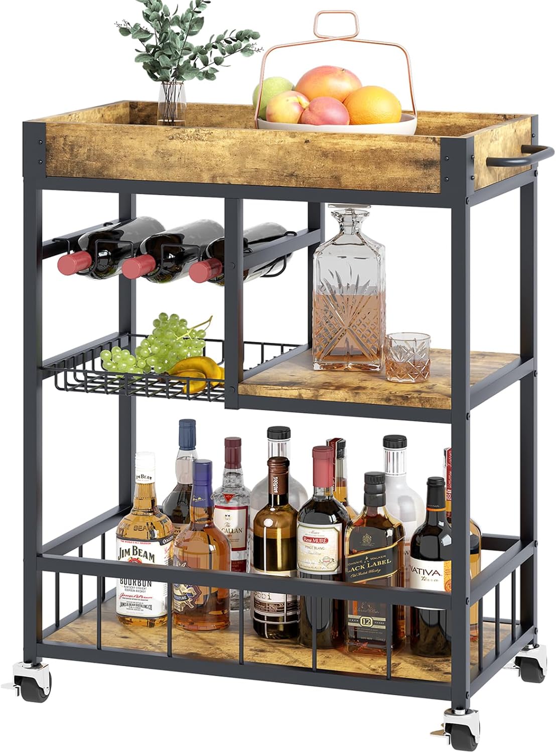 Bar Cart with Basket 3 Tiers Home Rolling Wine Rack with Wheels Mobile Kitchen Industrial Vintage