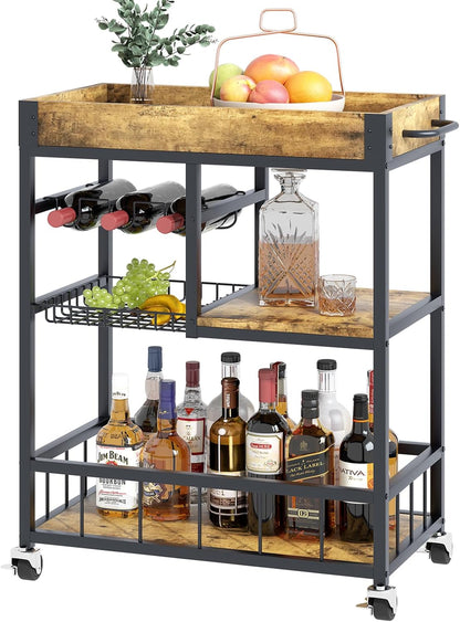 Bar Cart with Basket 3 Tiers Home Rolling Wine Rack with Wheels Mobile Kitchen Industrial Vintage