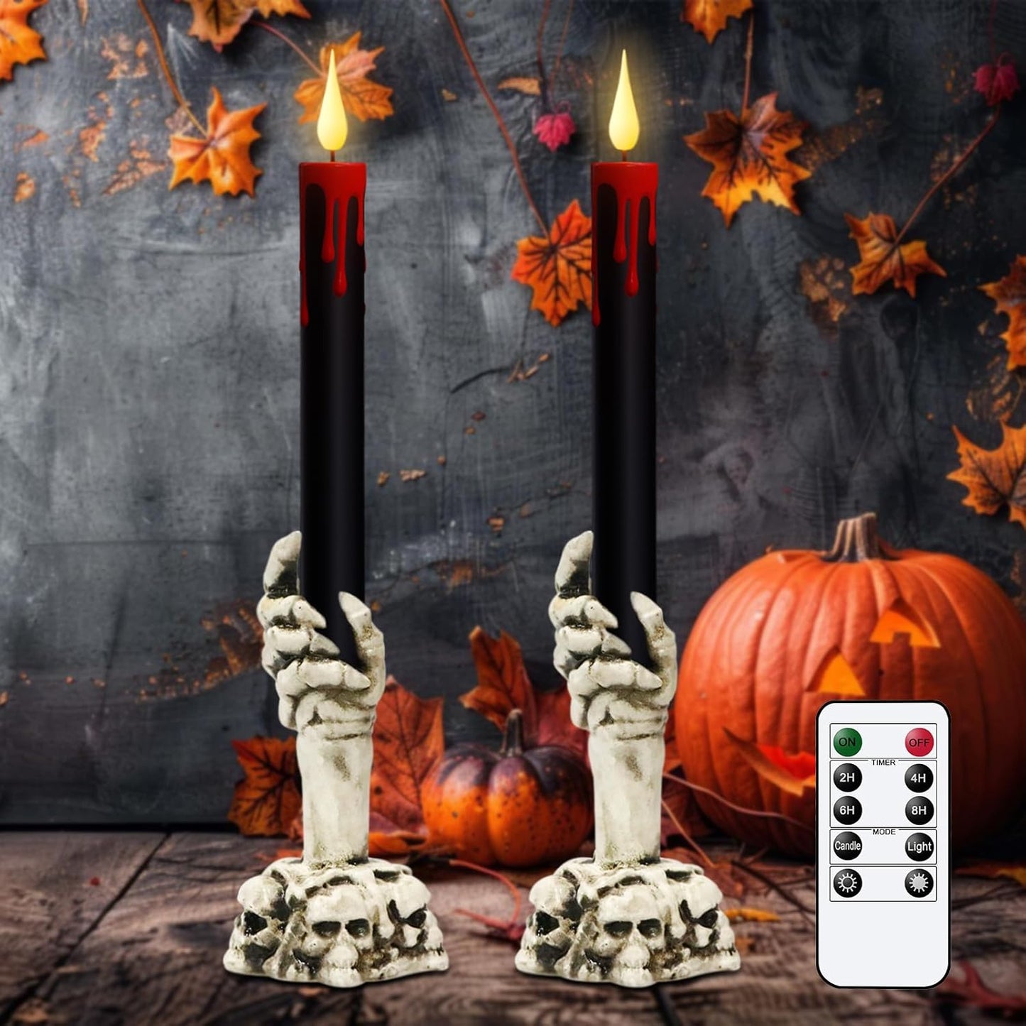 GenSwin Halloween Black Taper Flameless Candles with Ghost Hand Candlesticks and Remote Timer, 2